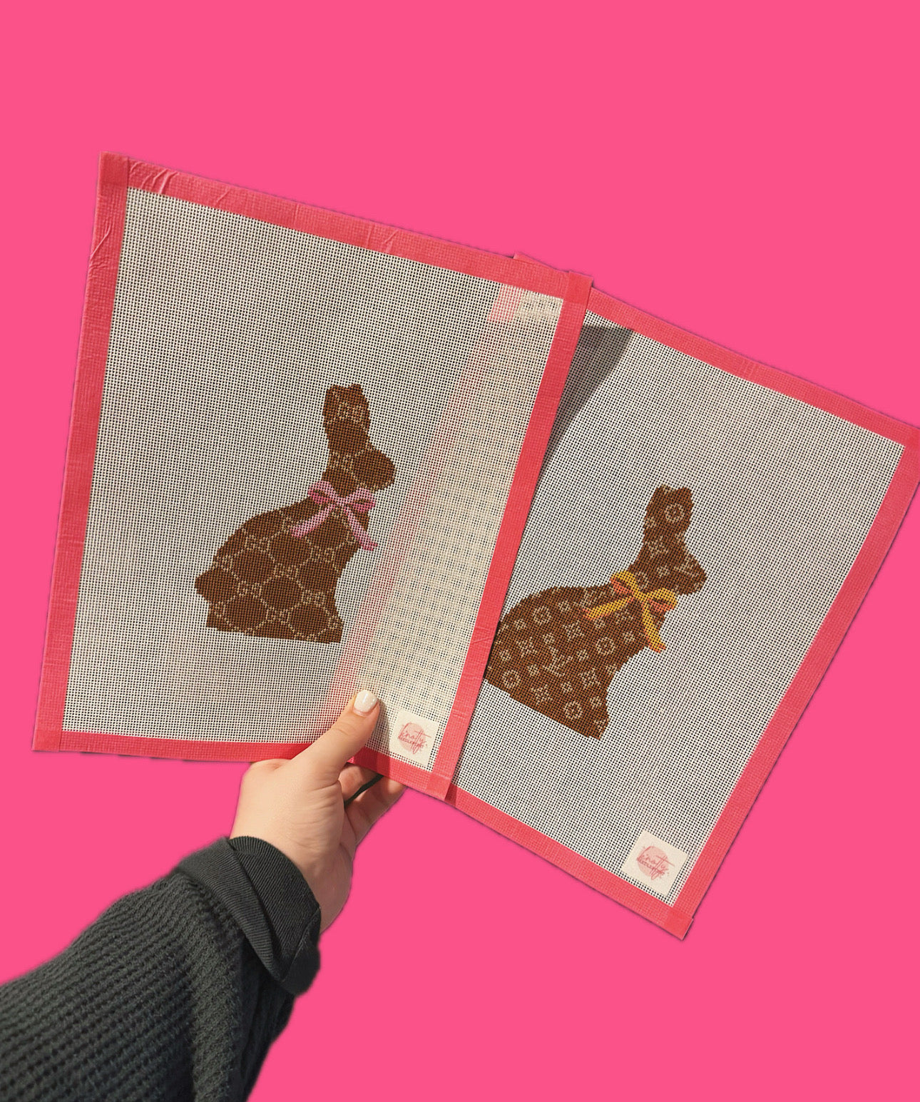 Designer Chocolate Bunny with Pink Bow Canvas