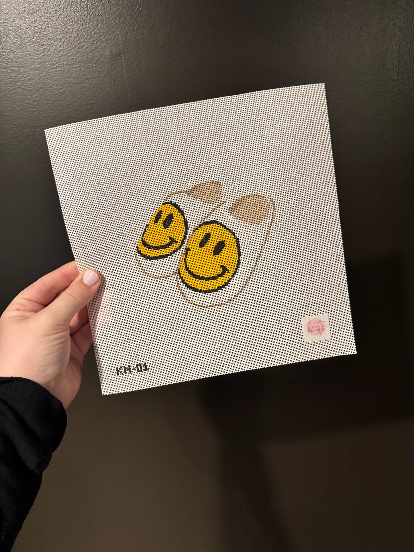 Smiley Face Slippers Needlepoint Canvas (yellow) | Hand painted needlepoint canvas, made to order, CANVAS ONLY
