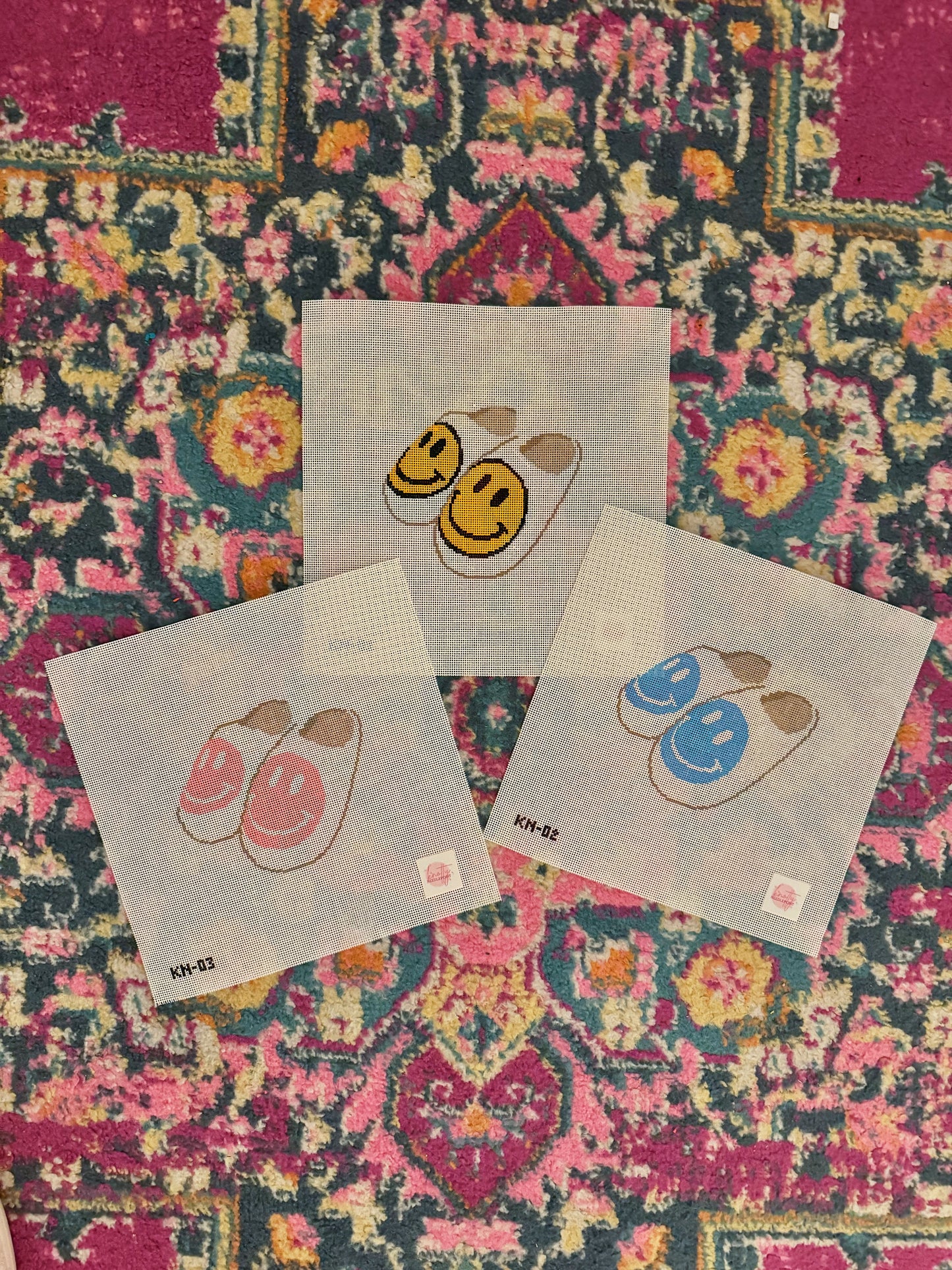 Smiley Face Slippers Needlepoint Canvas (yellow) | Hand painted needlepoint canvas, made to order, CANVAS ONLY