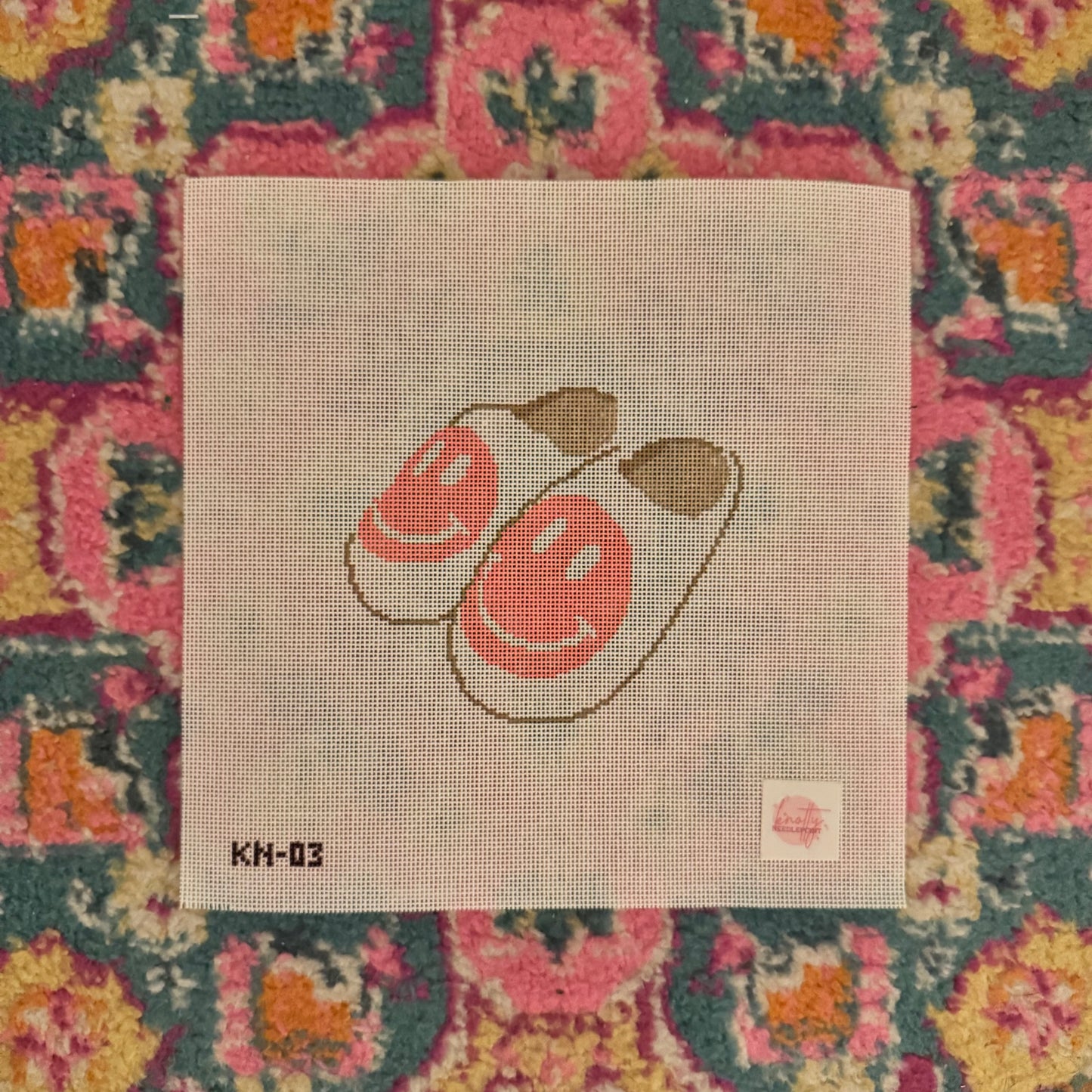 Smiley Face Slippers Needlepoint Canvas (pink) | Hand painted needlepoint canvas, made to order, CANVAS ONLY