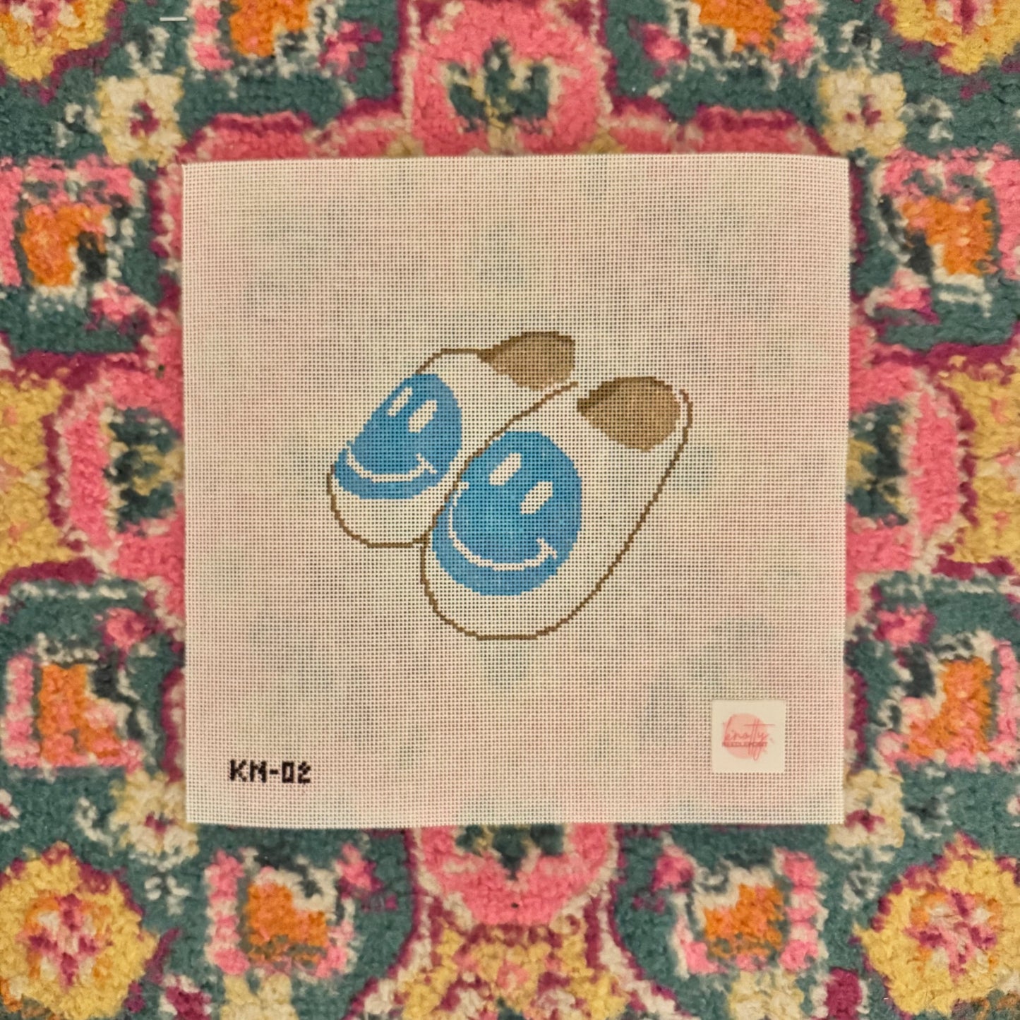 Smiley Face Slippers Needlepoint Canvas (blue) | Hand painted needlepoint canvas, made to order, CANVAS ONLY