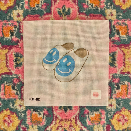 Smiley Face Slippers Needlepoint Canvas (blue) | Hand painted needlepoint canvas, made to order, CANVAS ONLY