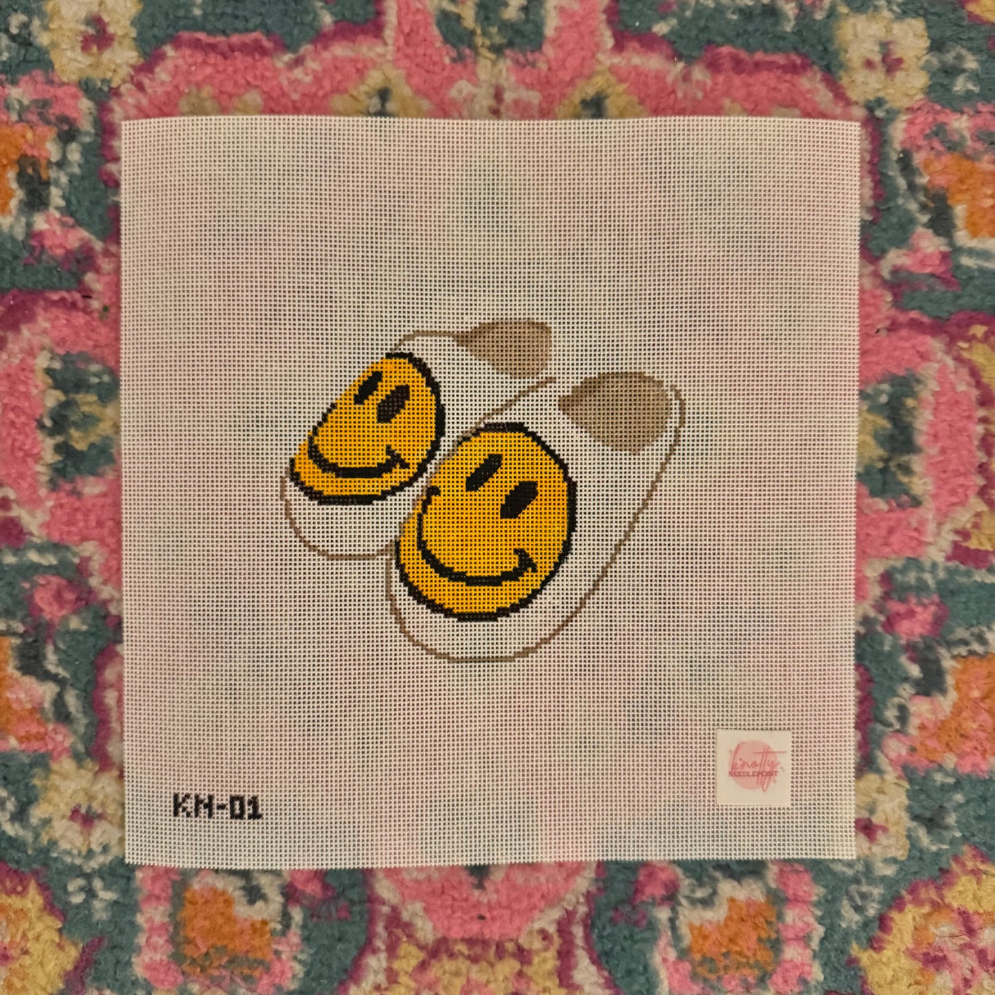 Smiley Face Slippers Needlepoint Canvas (yellow) | Hand painted needlepoint canvas, made to order, CANVAS ONLY