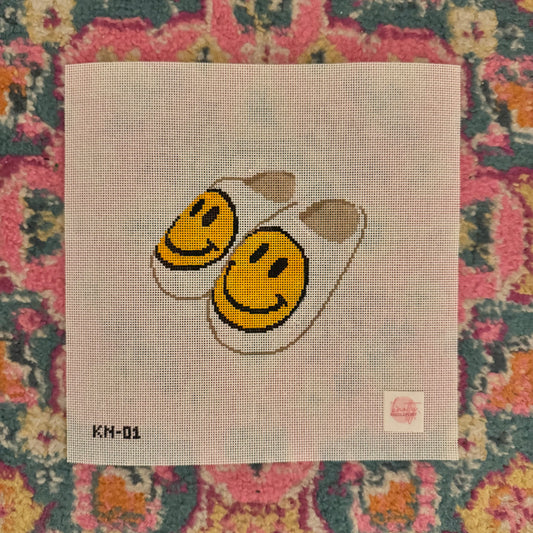 Smiley Face Slippers Needlepoint Canvas (yellow) | Hand painted needlepoint canvas, made to order, CANVAS ONLY
